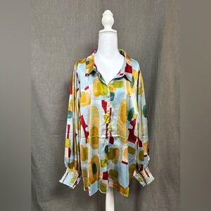 Women’s Colorful Long Sleeve 60’s & 70’s Vibe Abstract Blouse, Size: 2X, NWOT